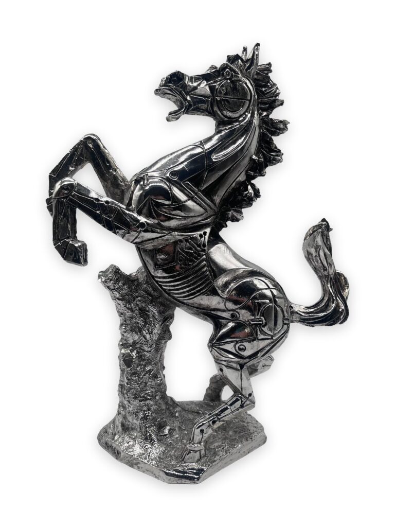 Cavallino rampante con base, ed 499, 28x13x38cm patina argento